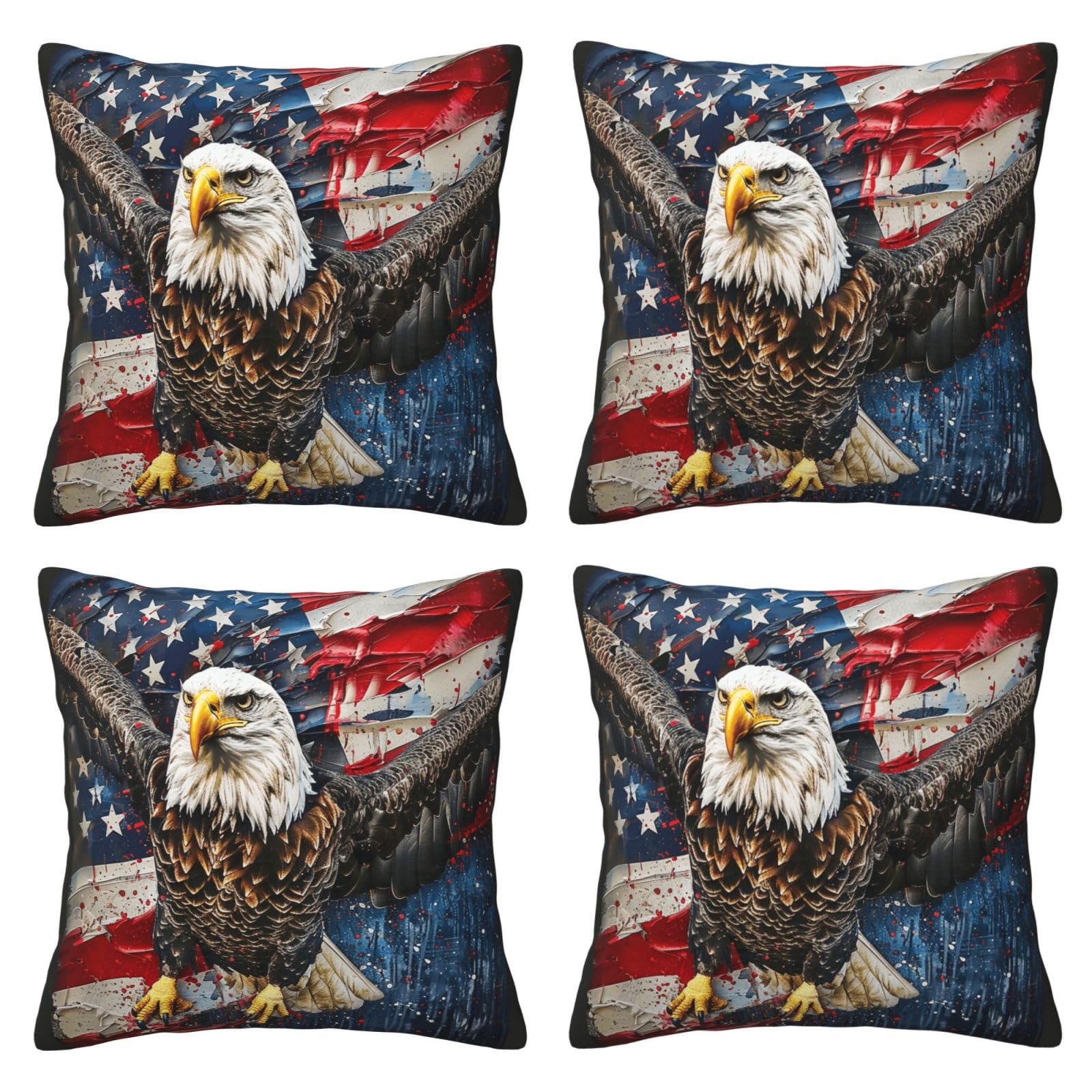 American USA Flag Eagle Throw Pillow Cases 4 Pack Square Pillowcases Super Soft Pillow Protectors With Zipper for Couch Livingroom Sofa Bed Office Car,30x30 CM