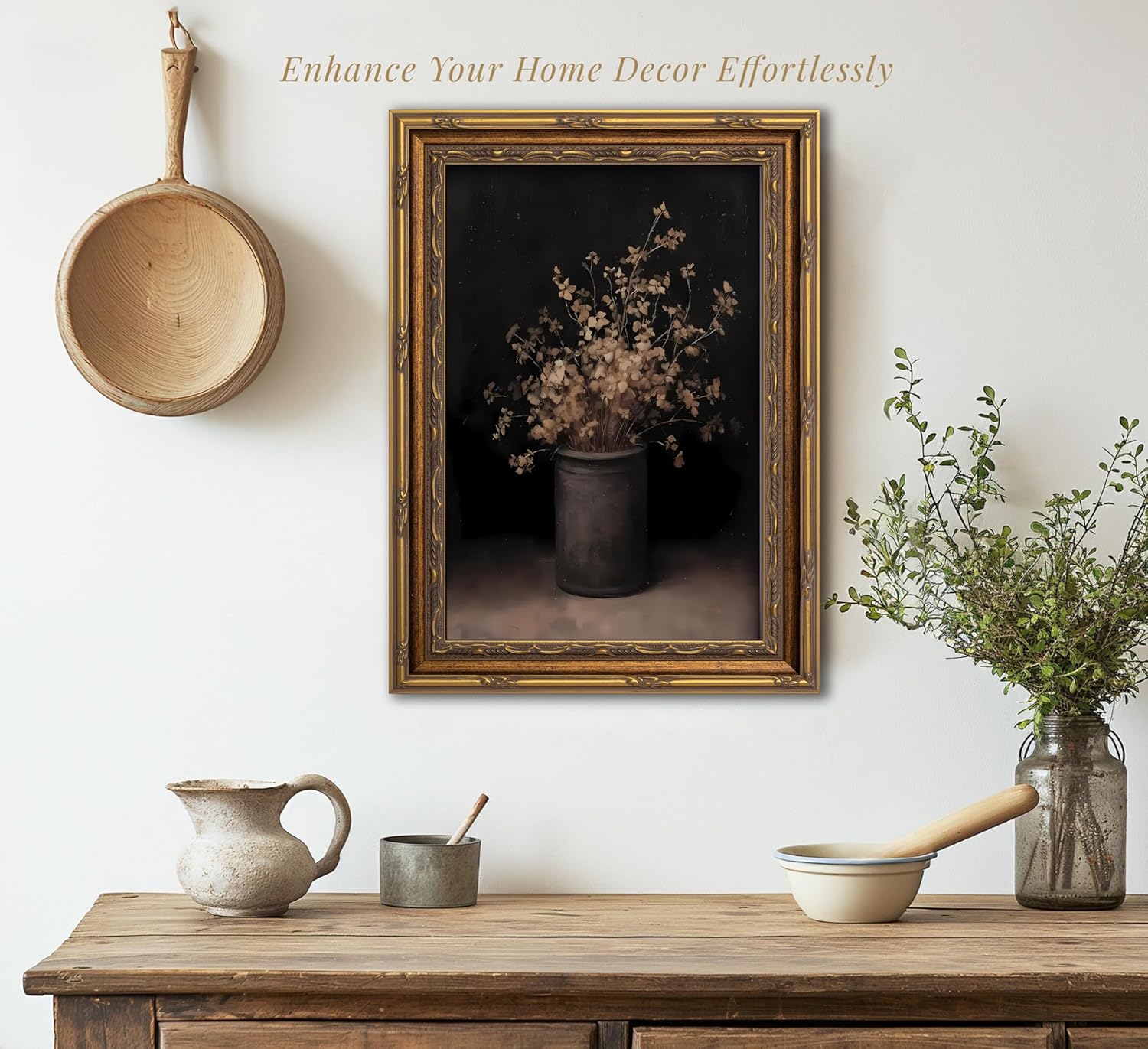 Vintage Gold Framed Wall Art Fall Dried Flowers Antique Vase Country Oil Painting Canvas Prints Dark Moody Rustic Still Life Picture Gothic Victorian Botanical Poster Artwork for Bedroom, 9x11in Dark Flowers 24"L x 16"W