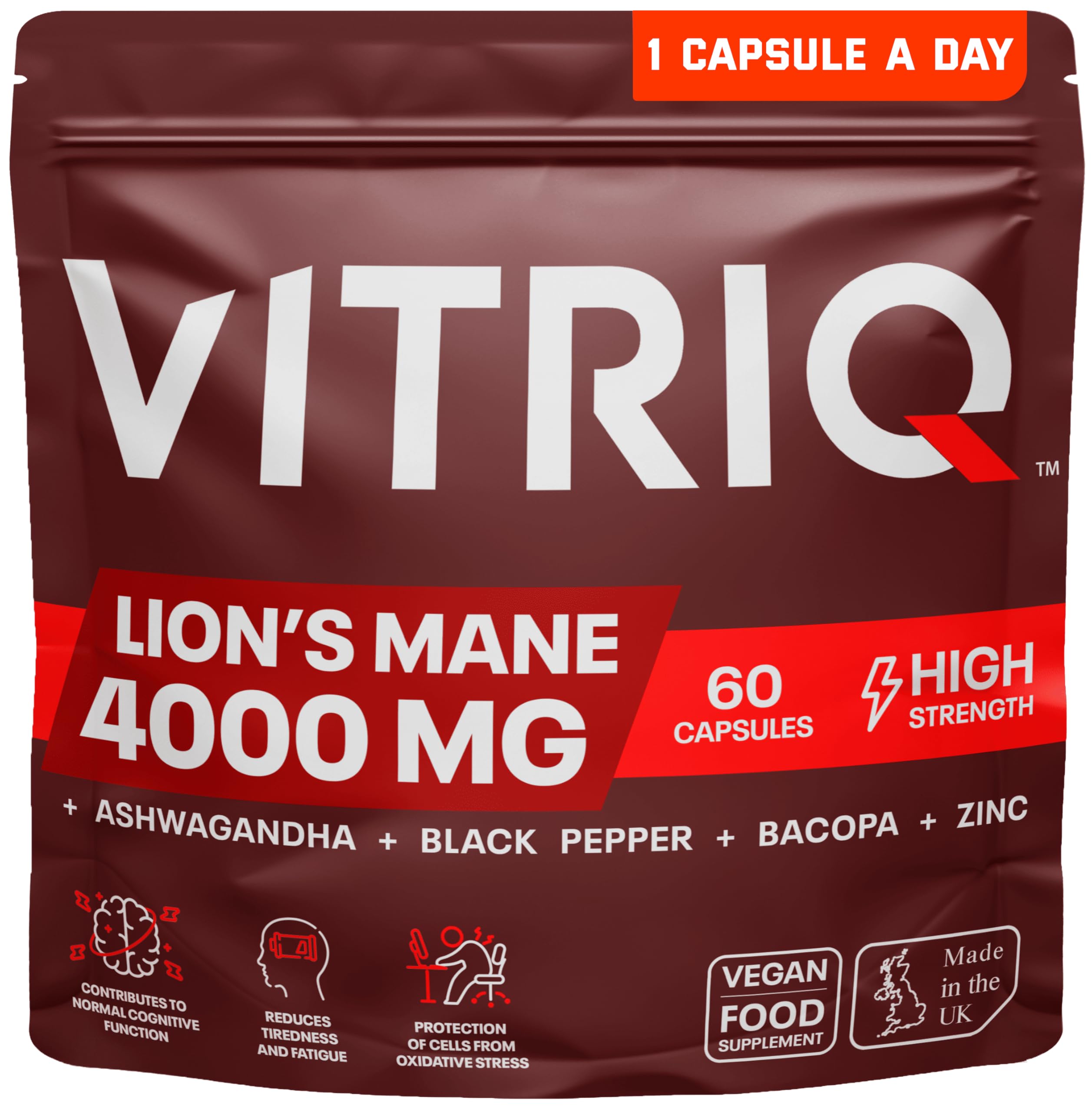 Organic Lions Mane and Ashwagandha KSM-66 Capsules, High Strength 4000mg Lions Mane Mushroom Extract and Ashwaghandha Root Extract, Supplement for Natural Calm & Stress Support, 1-a-Day - 60 Capsules
