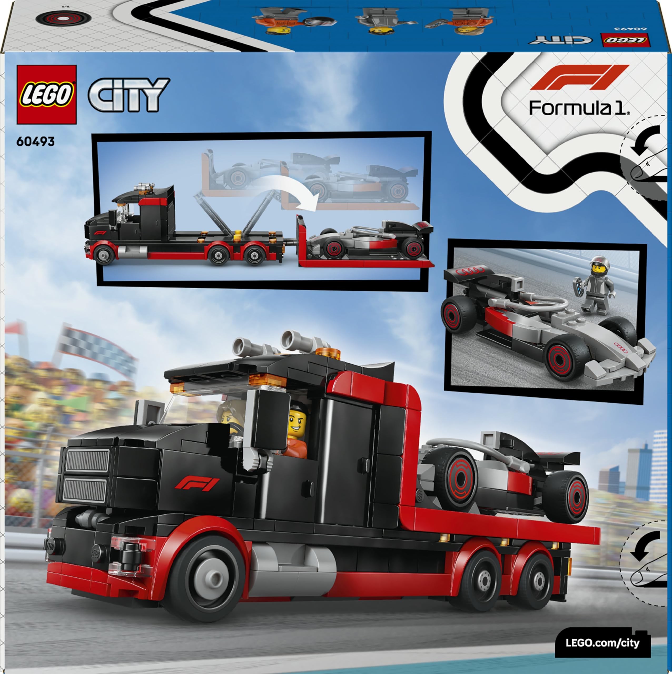 LEGO City Display Truck F1 con Auto da Corsa Audi F1 Giocattolo - Kit con 3 Minifigure e Funzione di Sollevamento Veicoli - Idea Regalo per Bambini da 7 Anni in su Fan degli Sport Motoristici - 60493