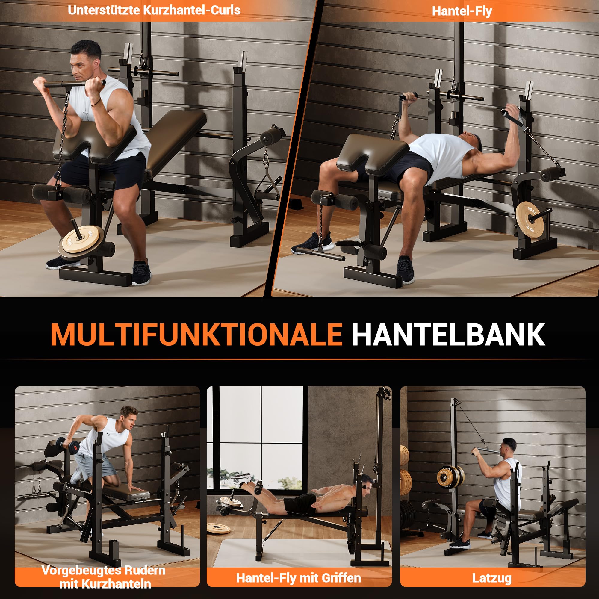 Multifunktional Hantelbank Set Klappbar, Verstellbar Hantelbank Fitnessgeräte kraftstation für zuhause mit Langhantelständer Latzugturm Seilzug Latzug Butterfly Training Bank, Beinbeuger Für Zuhause