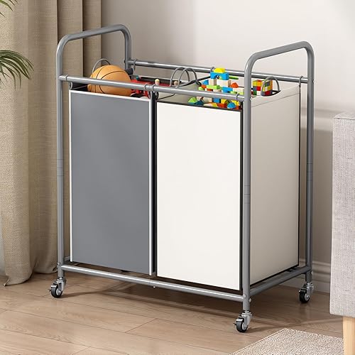 Miniatura 4 de SUOERNUO Cesta clasificadora de ropa sucia con 2 bolsas con ruedas enrollables y bolsas extraíbles, carrito organizador de lavandería para