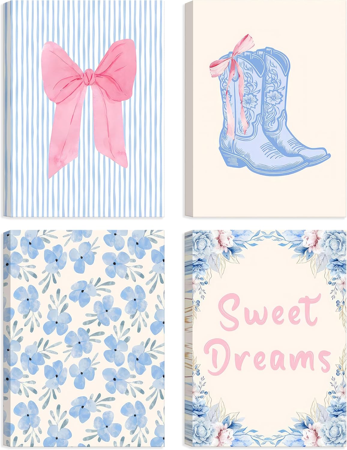 Framed 4pcs Trendy Preppy Canvas Wall Art Pink Bow Boots Blue And White Stripes pictures wall decor Sweet Dreams Blue Flowers Posters Prints Artwork for Home Bedroom Dorm Home Decration 12x16in
