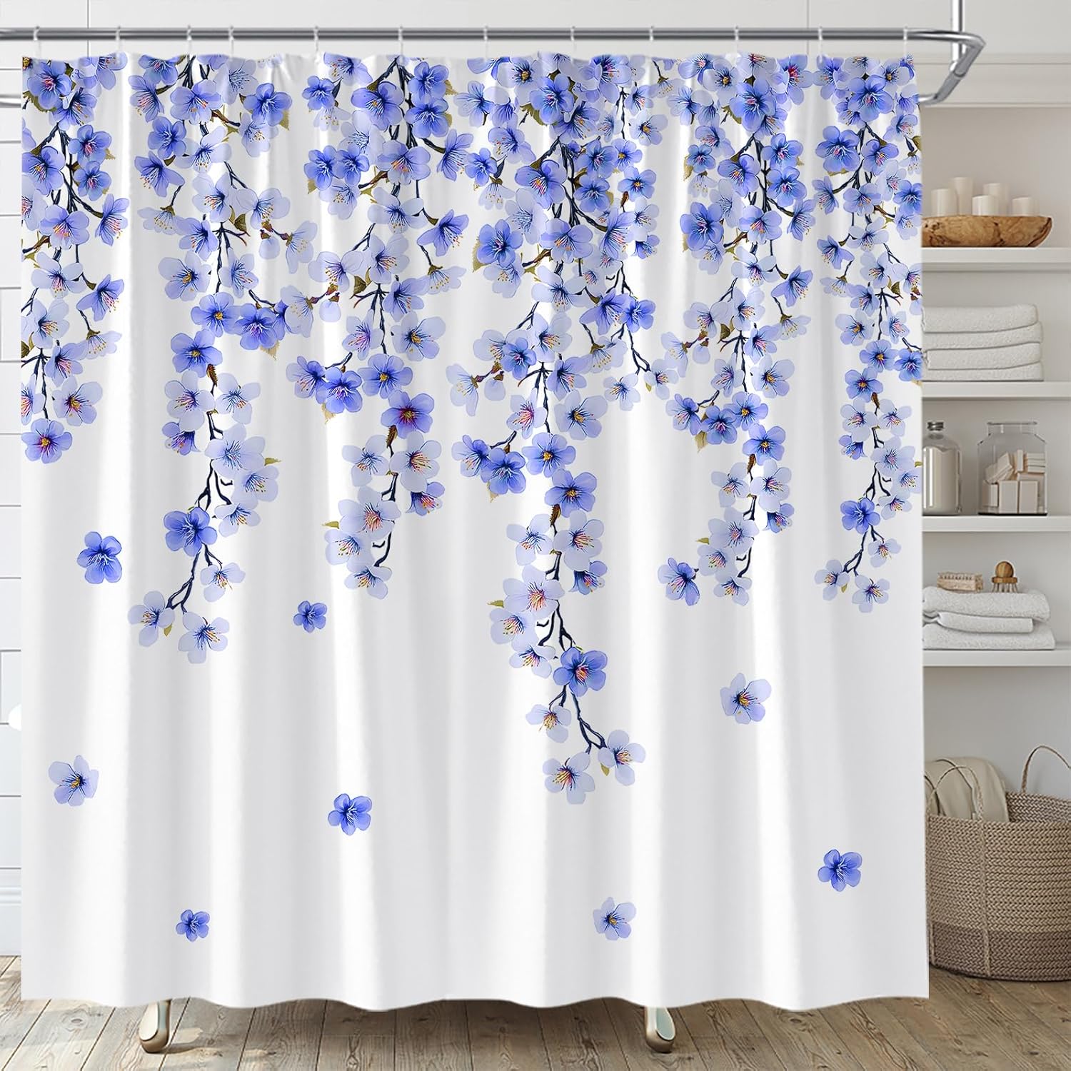 Cherry Blossom Shower Curtain Purple Floral Asian Japanese Spring Home Fabric Bathroom Decor Set Include Hooks,(70" Wx74.8 H)
