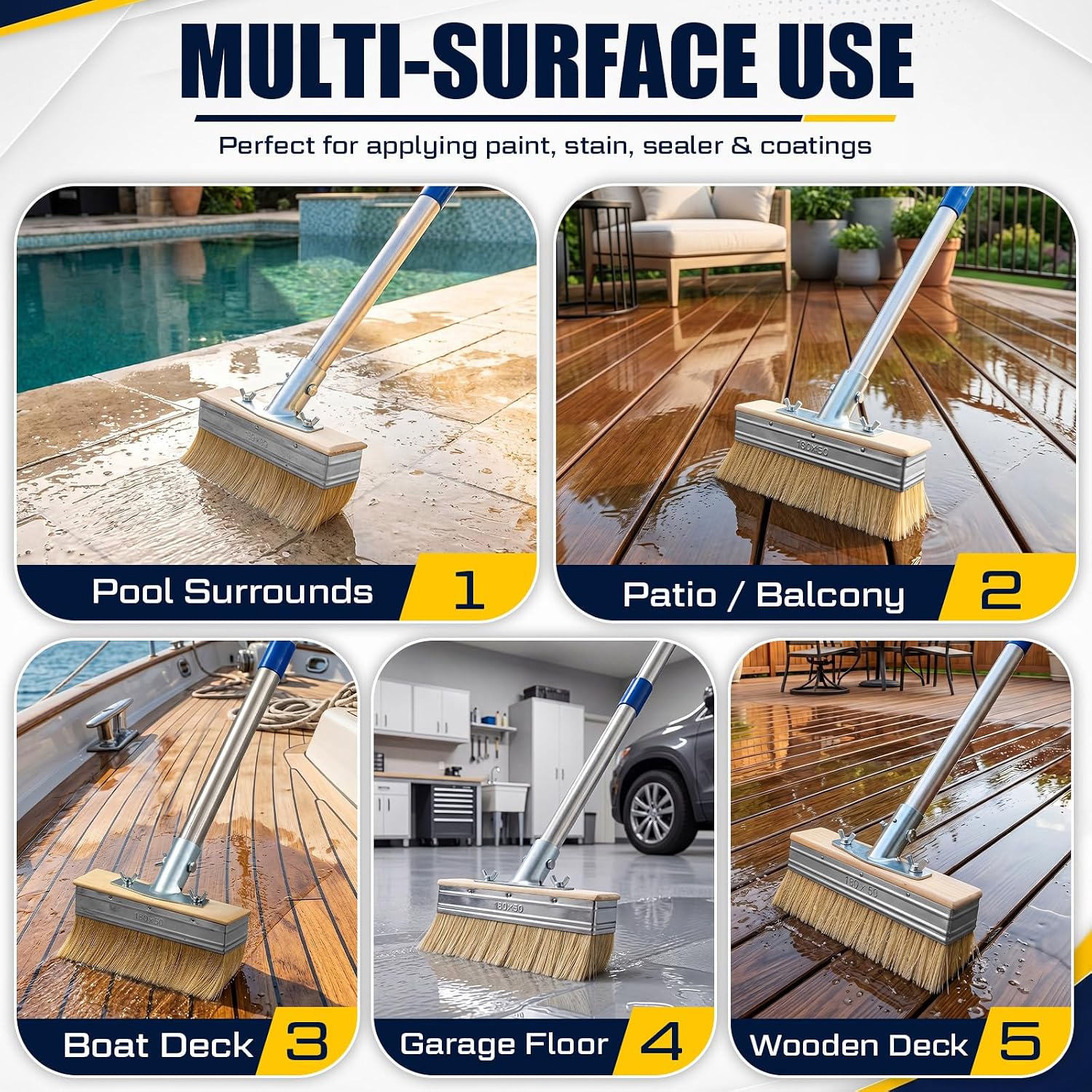 20 Pcs Deck Stain Brush Kit with Extension Rod, 7'' Deck Stain Applicator | 57'' Adjustable Handle, Paint Tray 9'' with Liner, Deck Paint Brush, Complete for Painting Wood Deck, Fence, Wall, Furniture