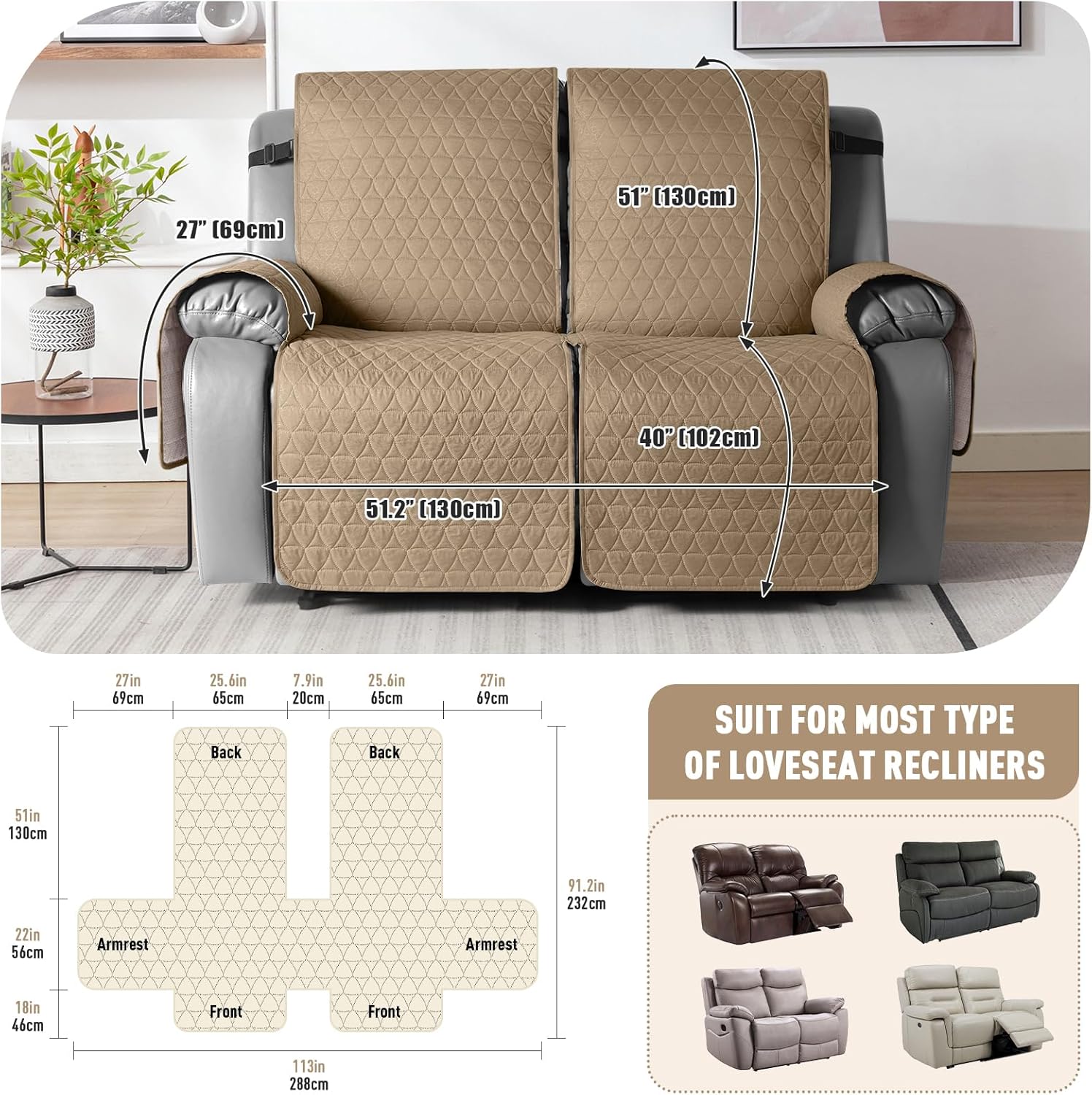 TAOCOCO 100% Waterproof Recliner Cover, Non-Slip Washable Reclining Couch Cover with Elastic Leg Straps, Furniture Protector for Dogs (Camel, 2 Seater)