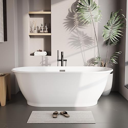 Freestanding Bathtub 59 inch Acrylic White Oval Soaking Tub with Push Drain, Compact Modern Bath for Bathroom Renovation and Comfortable Spa Experience