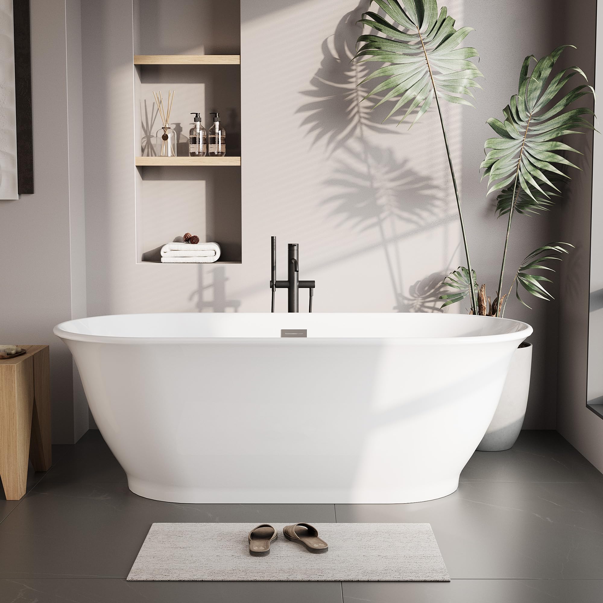 59 Inch Freestanding BathTub, Acrylic Oval Soaking Tub – Extra Large Freestanding Bathtub for Modern Bathroom Remodel, Integrated Overflow, Glossy White Finish