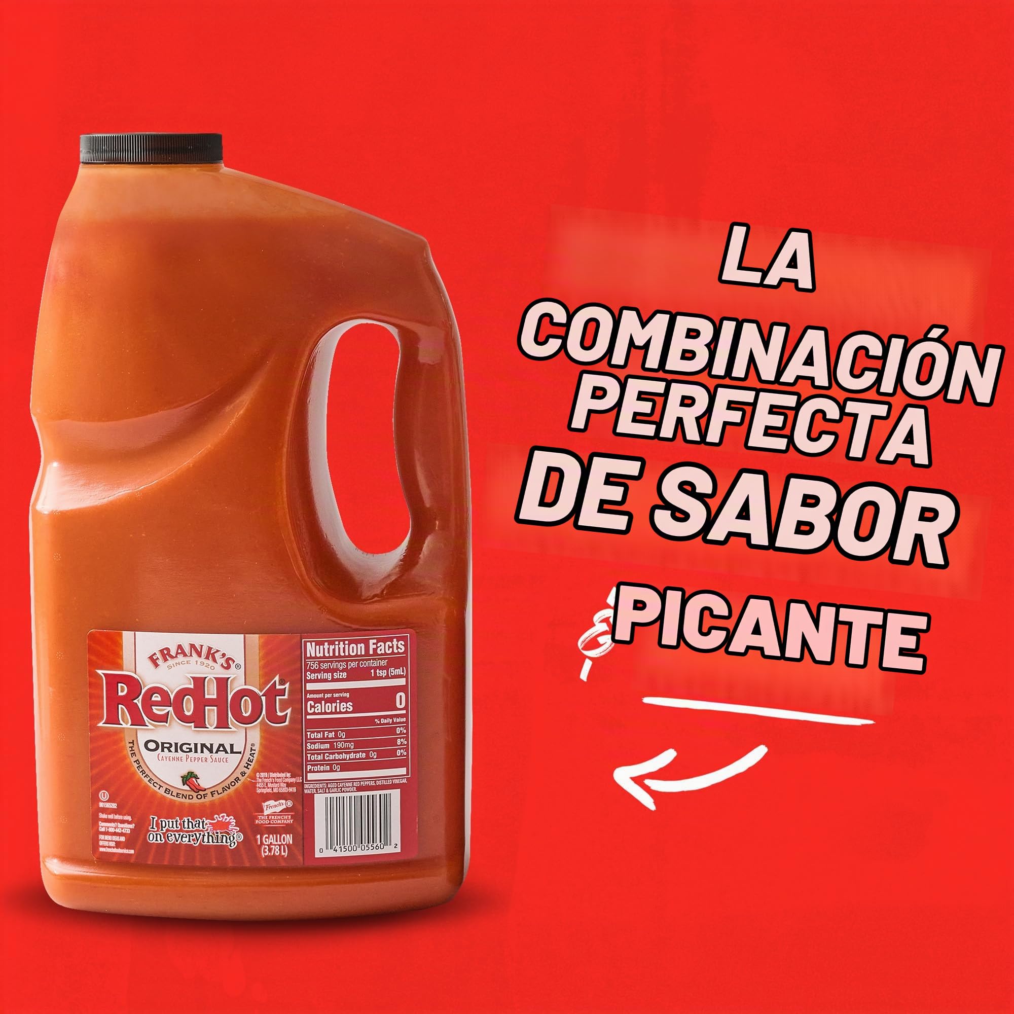 Frank's RedHot - Salsa de Pimientas de Cayena Envejecidas, Salsa Picante, Condimento para Carnes, 100% Natural - 3,78 L