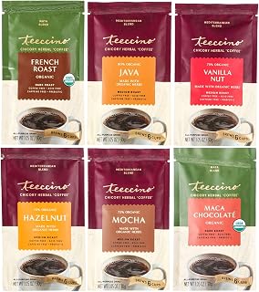 Teeccino Herbal Coffee Sampler - 6 x 30g Trial Size Chicory Coffee Alternatives - French Roast, Vanilla Nut, Hazelnut, Mocha, Maca Chocolate, Java – Prebiotic, Caffeine Free & Acid Free