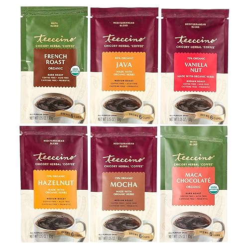 Teeccino Muestra de café a base de hierbas 6 x 106oz alternativas de café de achicoria tostado francés nuez de vainilla avellana moca chocolate de