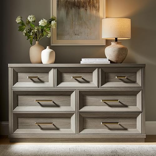 7 Drawer Dresser for Bedroom, 53.5" Wide Wooden Closet Organizers, Modern Chest of Drawers with Metal Handle, Large Storage Dresser TV Stand for Office, Hallway (Grey Oak)