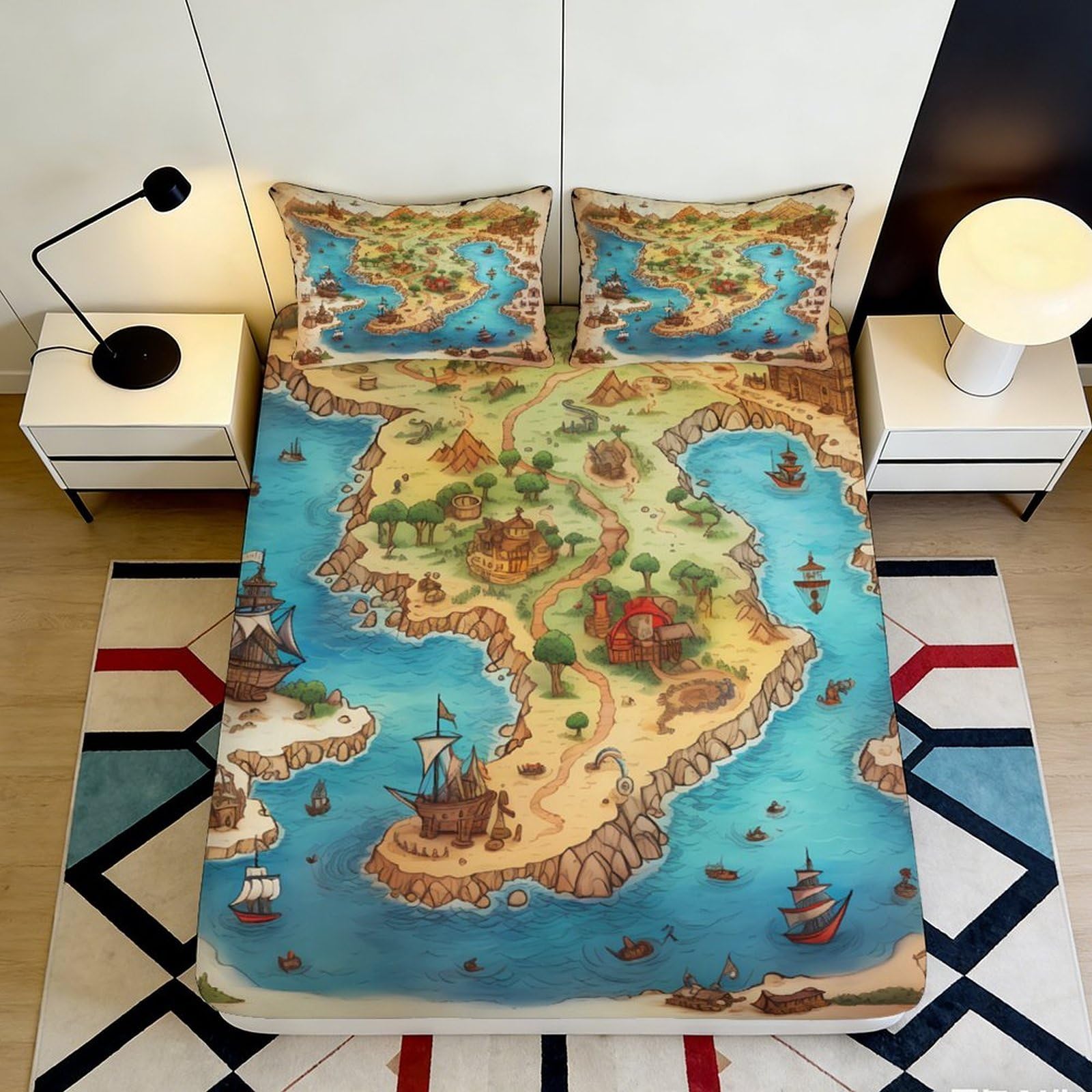Jqzkxnhpbr Style-1 3D Printed Treasure Island Fitted Sheet Microfiber Pirate Map Bed Cover For Bedroom Guest Room Decor Protection 90X200x25cm