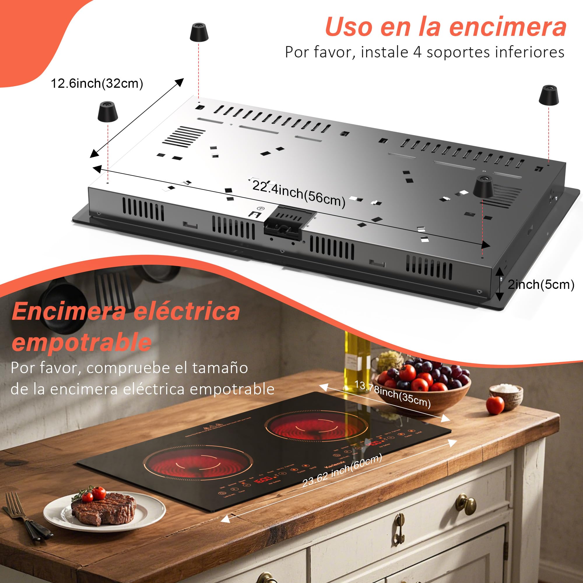 Placa Vitrocerámica 2 Fuegos, Placa Portátil con Enchufe, 3600W