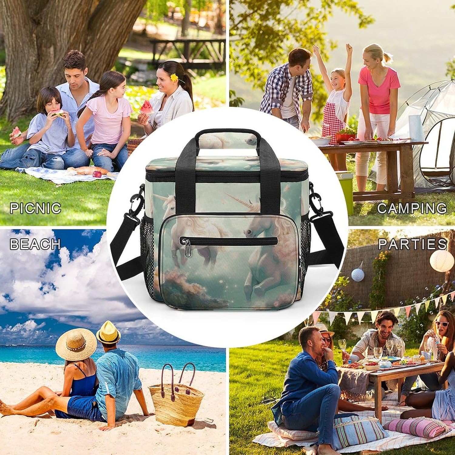 Camping Ice Pack, Unicorns Print Cooler Bag, 22.5L Large Capacity Insulated Lunch Tote Bag for Outdoor, Picnic, BBQ, Travel, Work