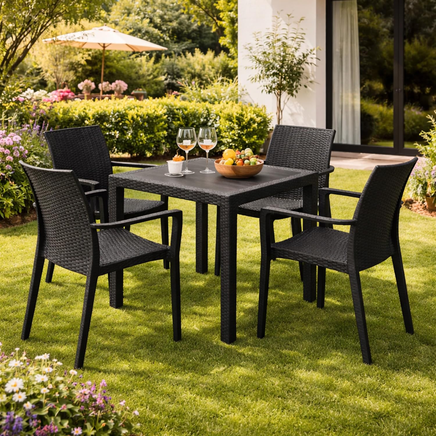 PALUPLUS Set Tavolo Quadrato con 4 Sedie Rattan in Plastica color Antracite, Misura Tavolino 79x79x72 cm, Sedia CON Braccioli, Arredo per Esterno, Terrazzo -KIN024F/DUK702F-23