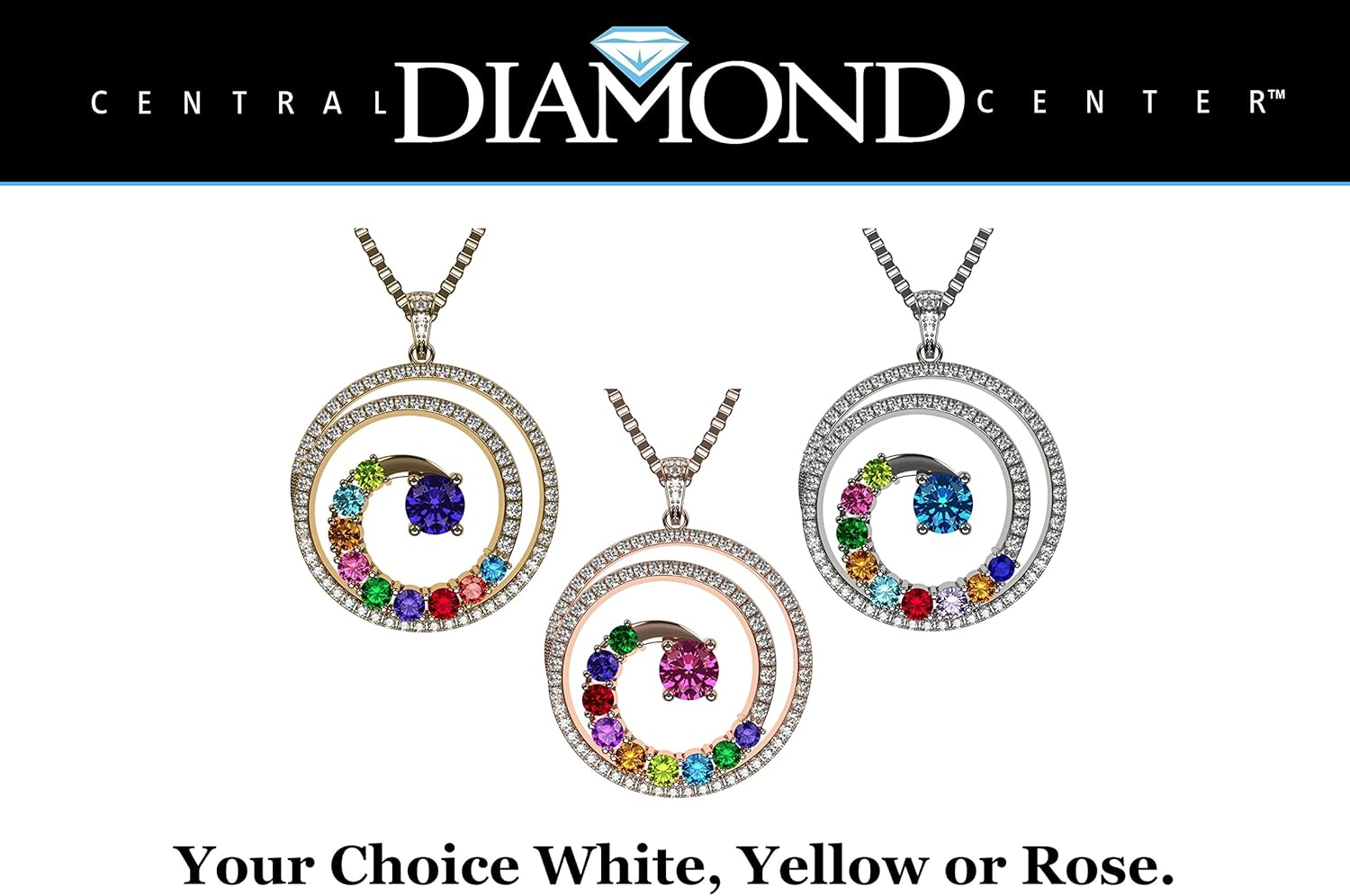 Central Diamond Center Swirl Birthstone Mothers Necklace w/ 1 to 9 Simulated Gemstones in Silver, 10K, or 14K Gold For Women
