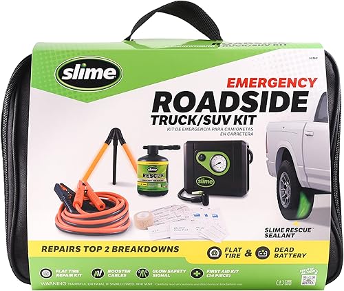Slime 50160 Kit de emergencia en carretera con reparación de neumáticos planos y cables de refuerzo para camionesSUV, vehículos pesados
