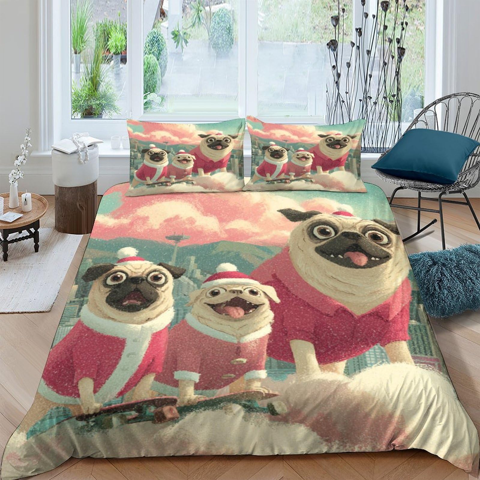 Ctjqhvkz Style-8 3D Printed Christmas Pug Fitted Sheet Microfiber Soft Cartoon Dog Mattress Cover For Bedroom Guest Room Easy Care Decor Single（135X200cm）