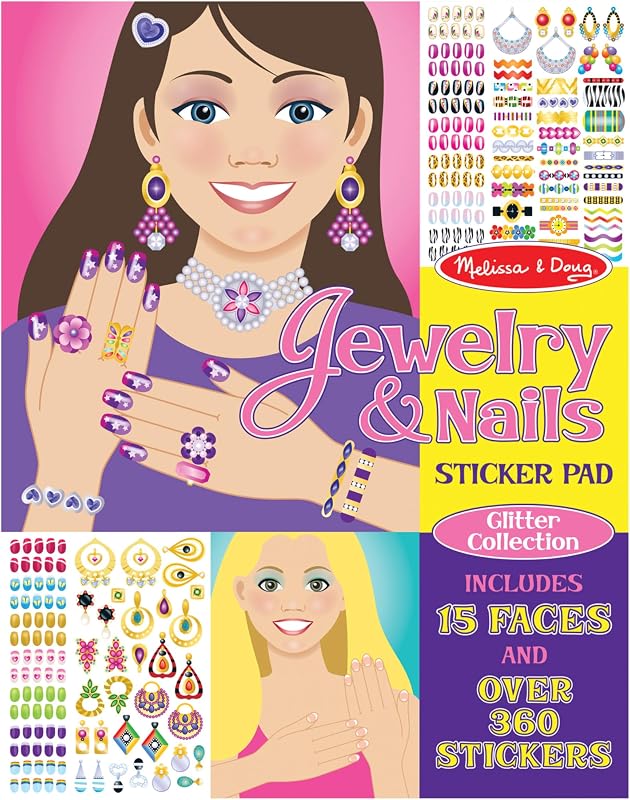 Melissa & Doug Jewelry and Nails Glitter Sticker Pad - 360+ Stickers, 15 Faces