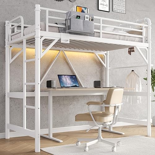 Miniatura 10 de Cama tipo loft tamaño twin con luces LED y estación de carga, marco de cama loft de metal industrial resistente con escalera y barandilla para niños
