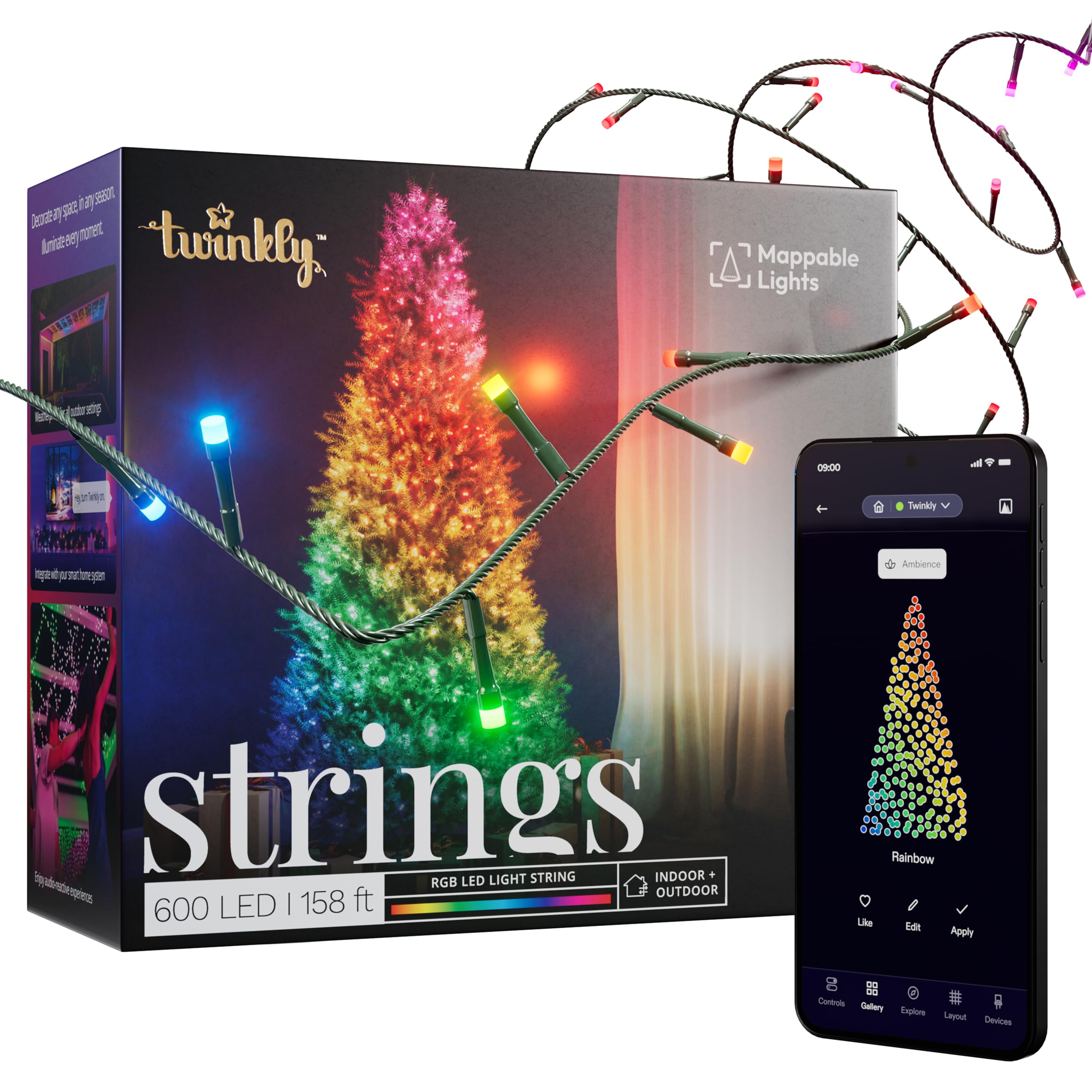 Twinkly Strings 600 LED RGB, LED Light String, Smart Multicolor LED Lights, Christmas Lights, Mappable LEDs, IP44, Green Wire, Packaging May Vary, 157.5ft