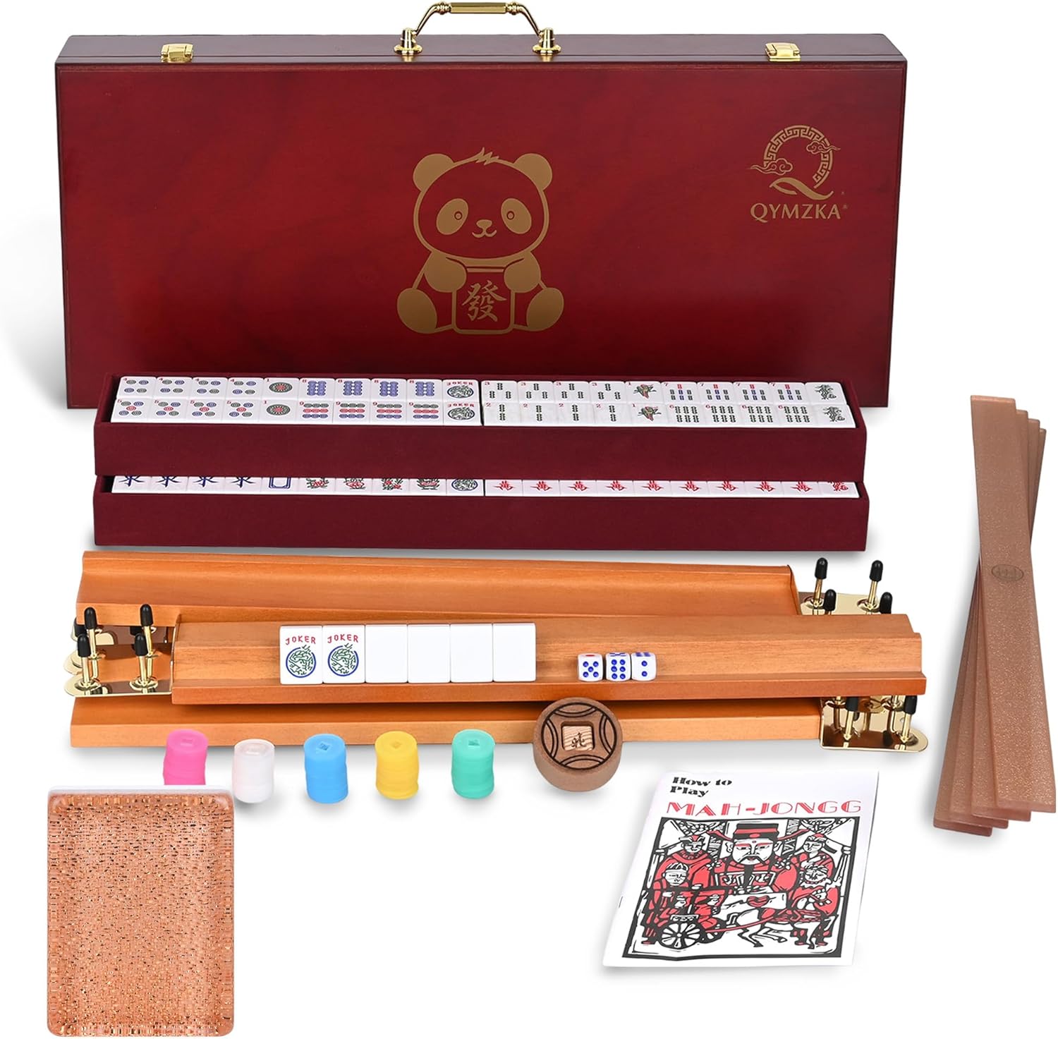 American Mahjong Set with Red Wooden Case - 1.18" (30mm) Golden Acrylic Tiles, Includes Jokers, Racks, Push Sticks, Chips, Manual, Wind Indicators & 3 Dices - Complete Game Set for Adults