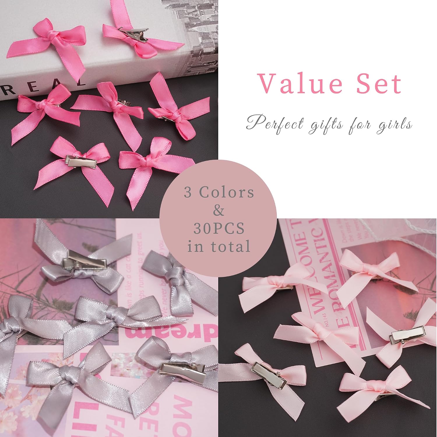 30PCS Small Hair Bows Silver Mini Bow Clips Satin Pink Hair Accessories Coquette Bow for Girls Women image 5
