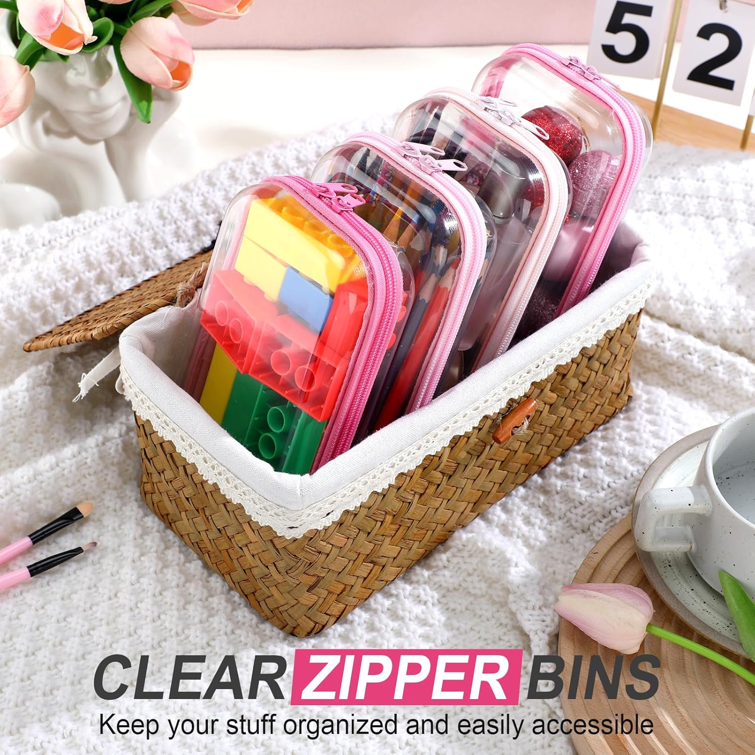 Hoolerry 4 Pcs Hard Clear Zipper Case Makeup Bags Plastic Zipper Pouch Transparent Storage Box Containers for Cosmetics, Snacks, Building Blocks, Puzzles(Clear,7.5 x 3.9 x 2 in,Pink)