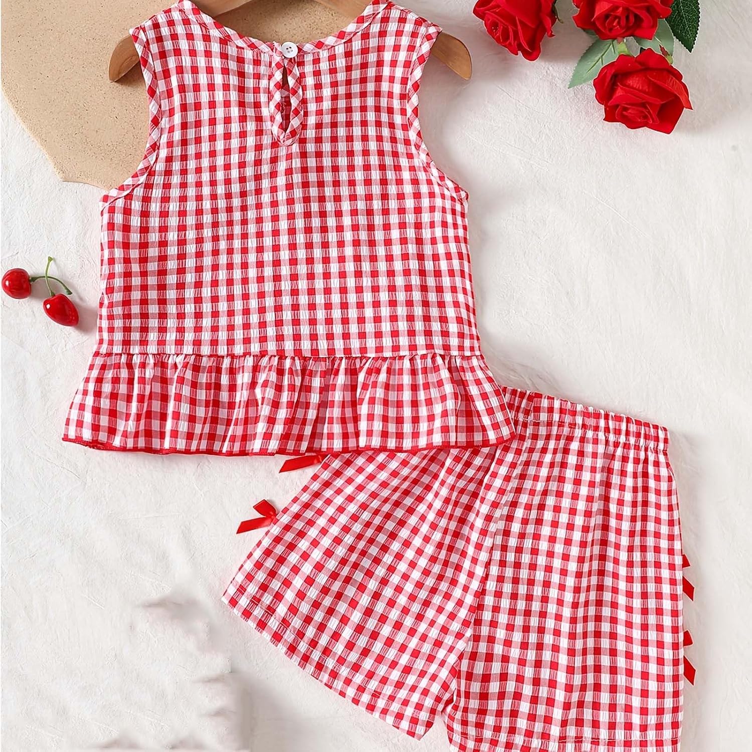 Baby Girls Sleeveless Gingham Outfit Ruffle Hem Wide Leg Short Casual Plaid Summer Clothing Set Fashion Vacation Sets