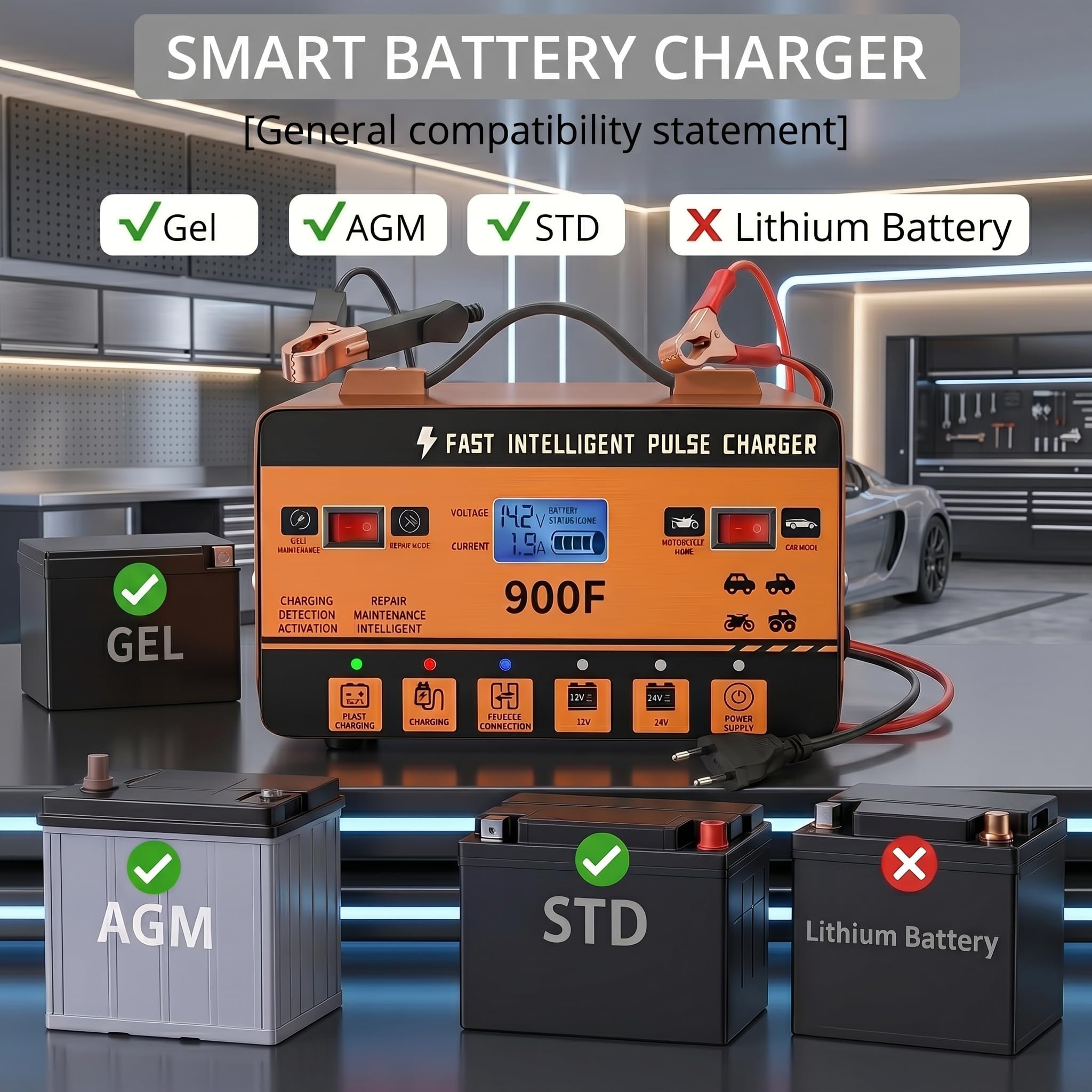Batterie Ladegerät 12V 24V Puls Intelligente – Automatisches Reparatur-Ladegerät mit Sommer-Modus & 6-Fach Schutz, Für Auto, LKW, Motorrad, Roller & Boot