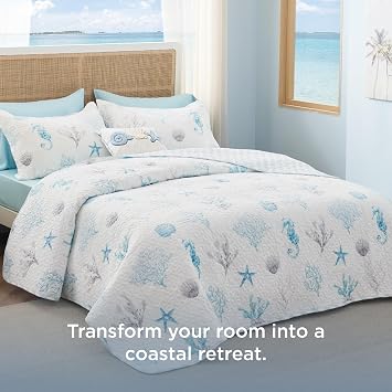 Bedsure Coastal Bedding Quilts Queen Size - Lightweight Summer Comforter Queen Size, Reversible Beach Bedding Nautical Bedspread, Soft Microfiber Blue & White Coverlet for All-Season(90x96)