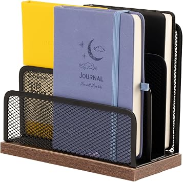 Wooden Desk Mail Organizer, Desktop File Organizer Metal Mesh with 3 Vertical Upright Compartments, Mail Sorter Letter Organizer Rack for Letters, Postcards, Brochures, Mail Holder (2 Pcs Black)
