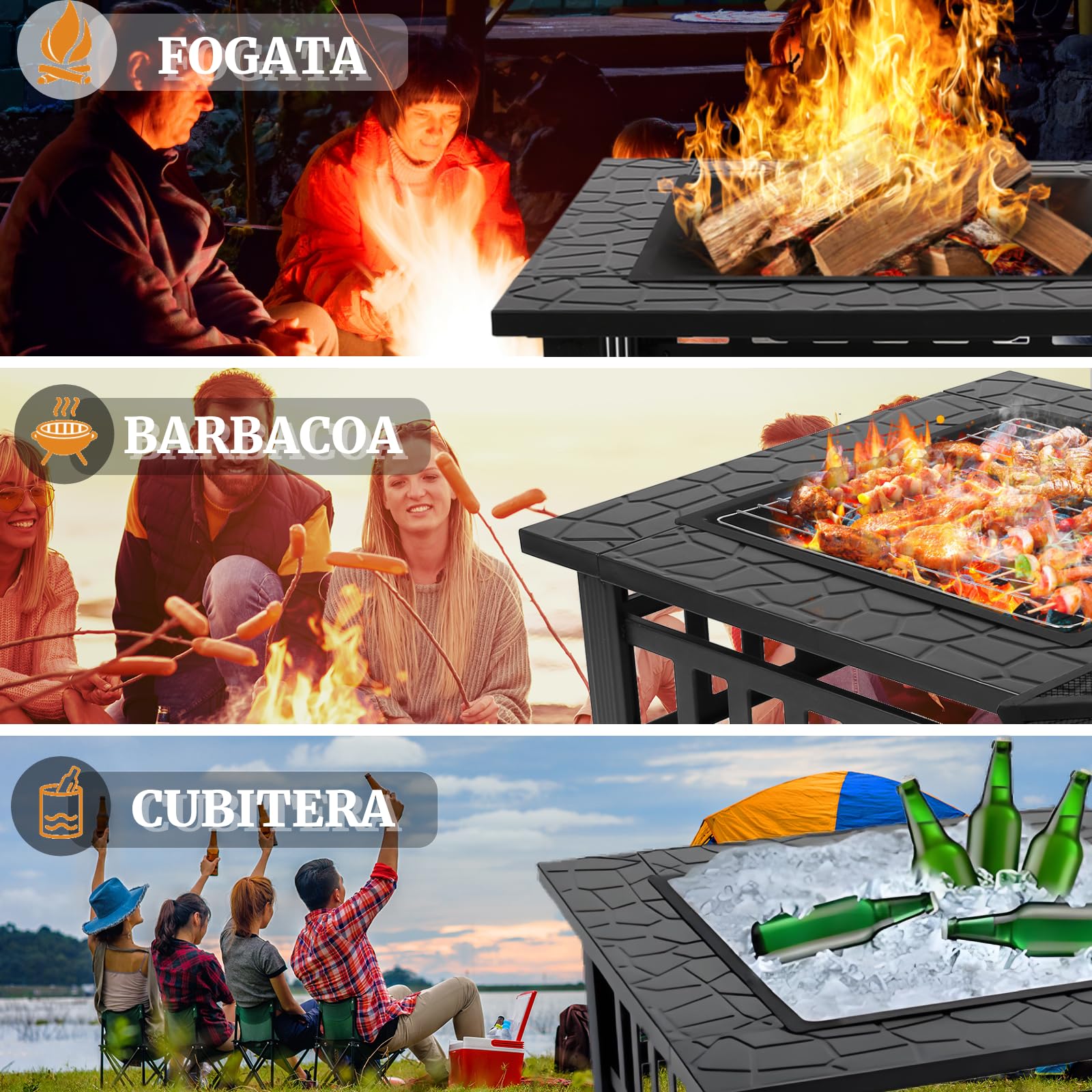 TLSUNNY Brasero Exterior Jardín 3 en 1, Metal Fire Pit con Protector | Brasero Cuadrado, Pozo de Fuego con Cubierta Impermeable, para Calefacción, Terraza,Barbacoa, Camping, 4 Pata, 81 x 81x 45 cm