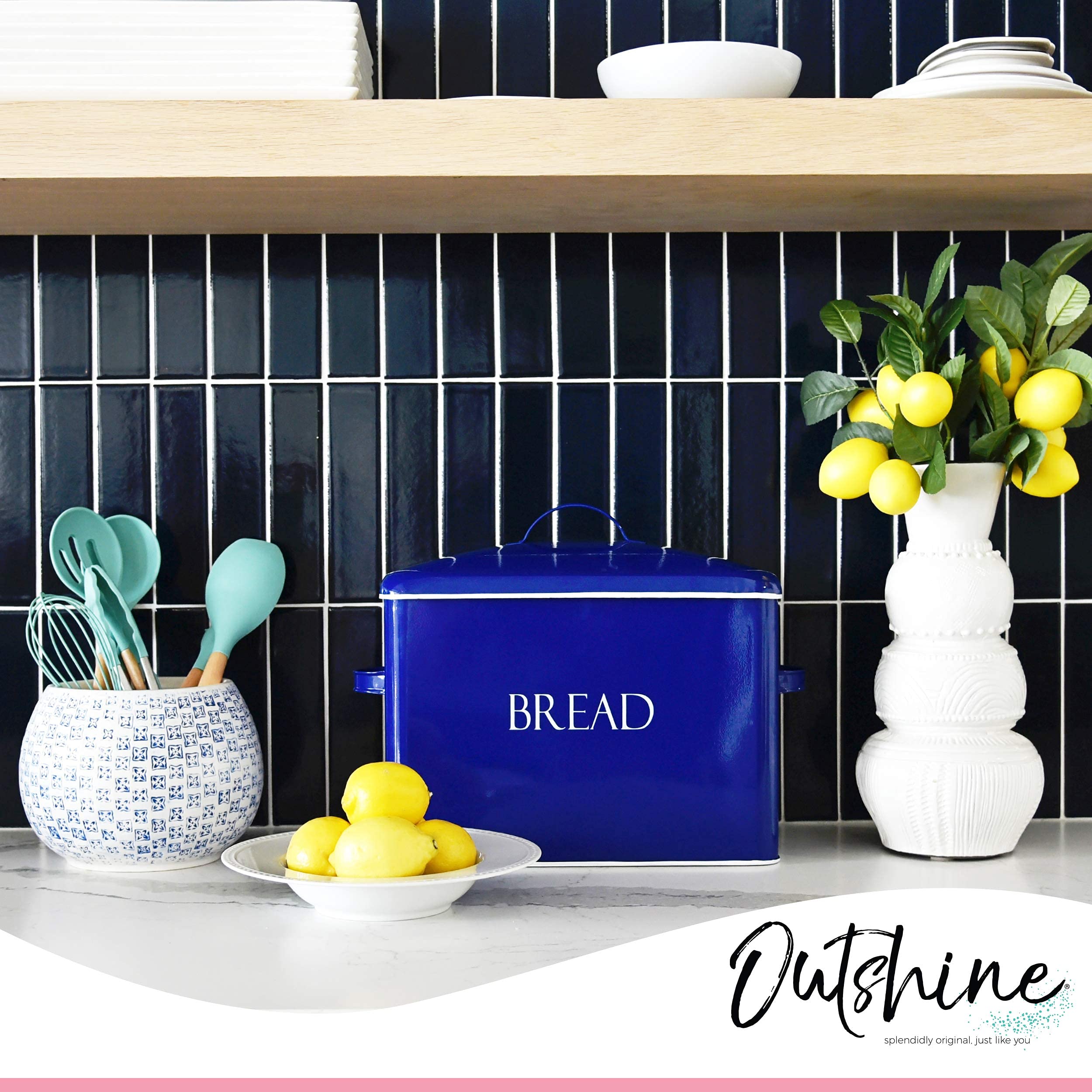Outshine Extra Large Bread Box, Blue Countertop SpaceSaving Vintage