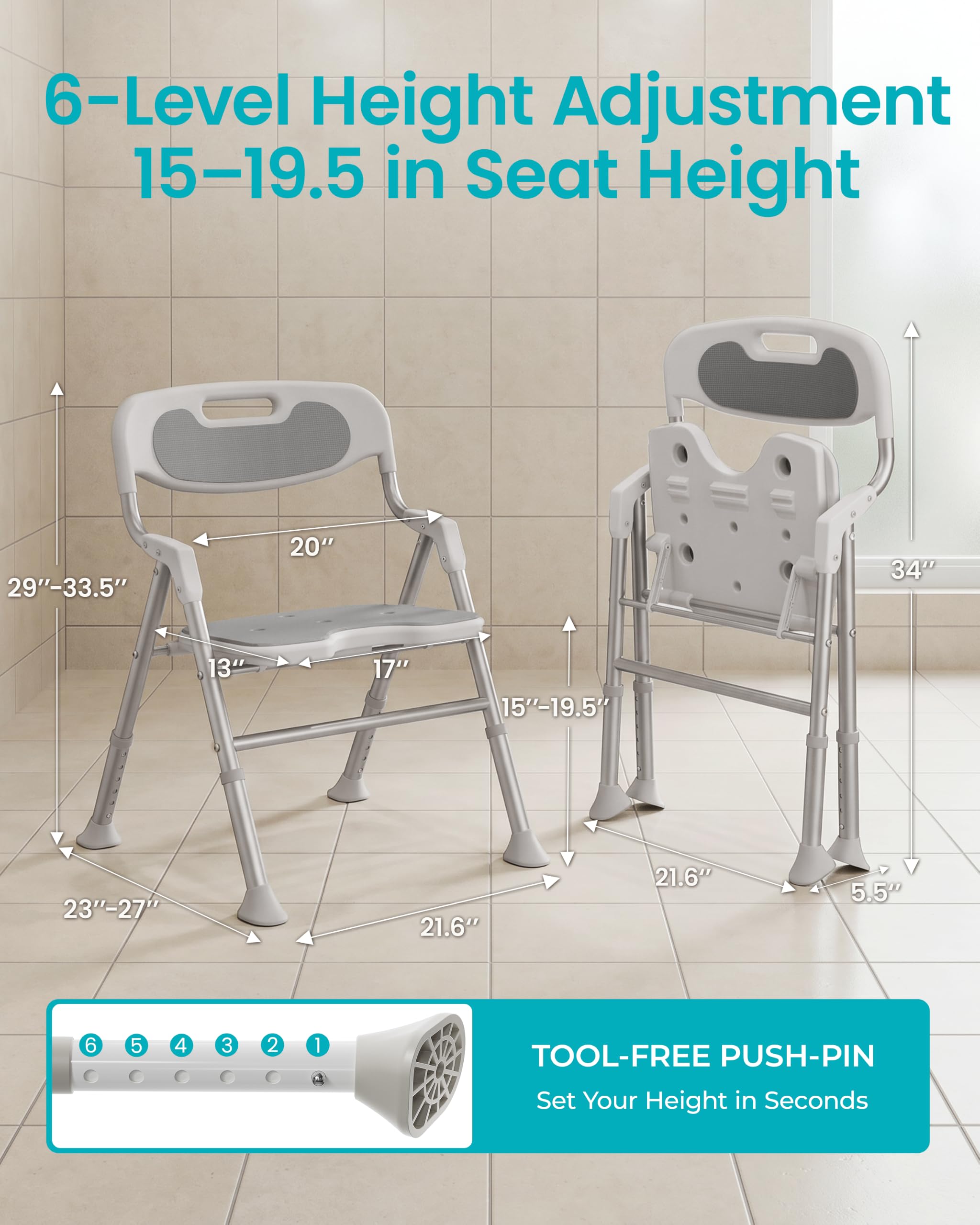 Silla de ducha para ducha interior con brazos y respaldo, asiento de baño plegable para ancianos y discapacitados con altura ajustable, taburete de baño de seguridad resistente de 400 libras