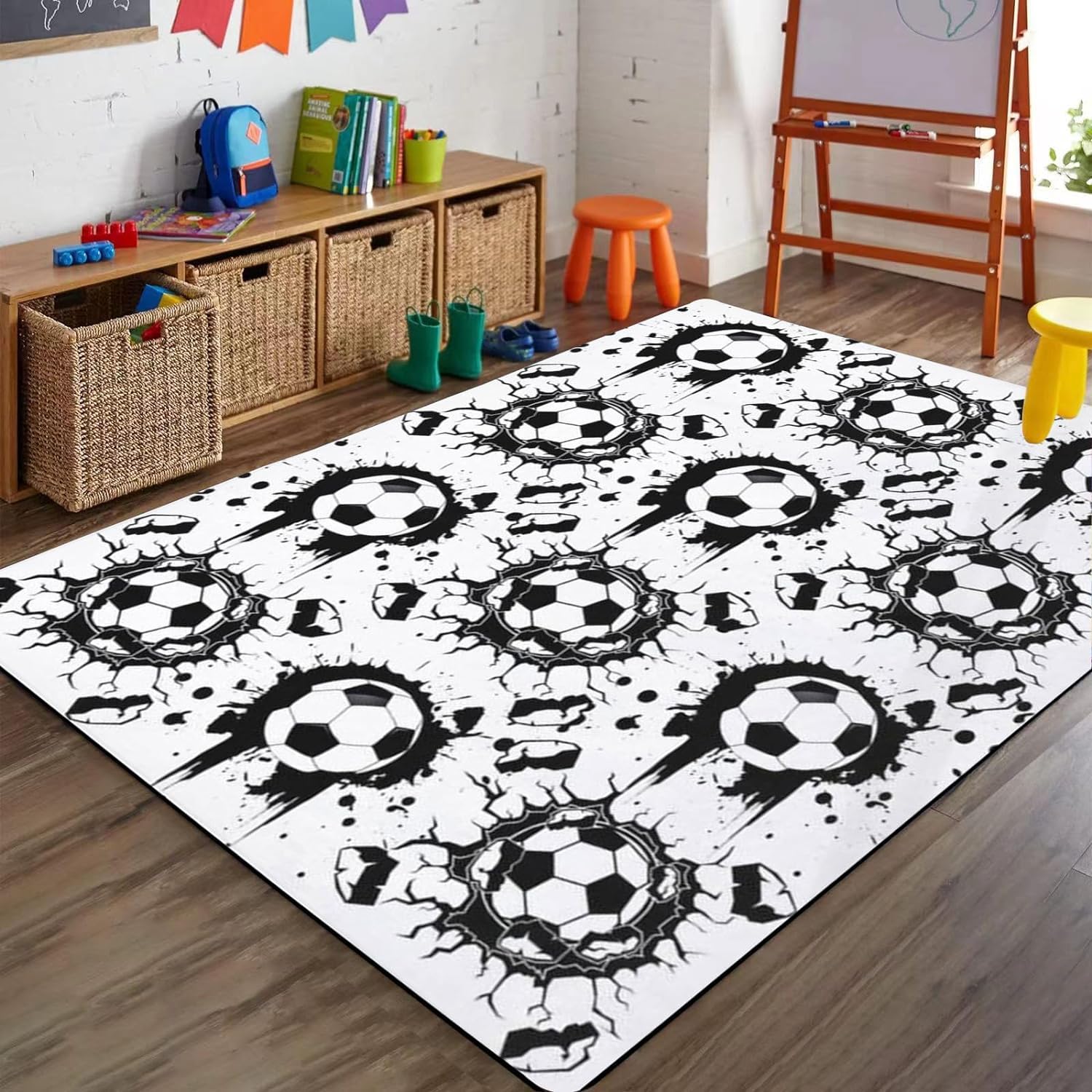 Xisnuient Boys White Football Rugs Bedroom Living Room Rug Large 3D Graffiti Football Pattern Rug Blue Green Football Carpet Kids Teens Gaming Mat Washable Nursery Rug Runner Doormat (,160X200cm)