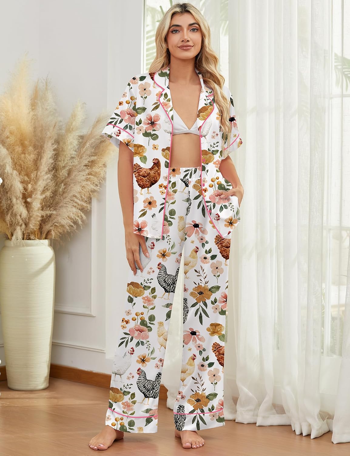 SHESHOW Satin Pajamas for Women Set Button Down Sleepwear Print Pjs Set 2 Piece Short Sleeve Long Loungewear Size XS-XXL image 5