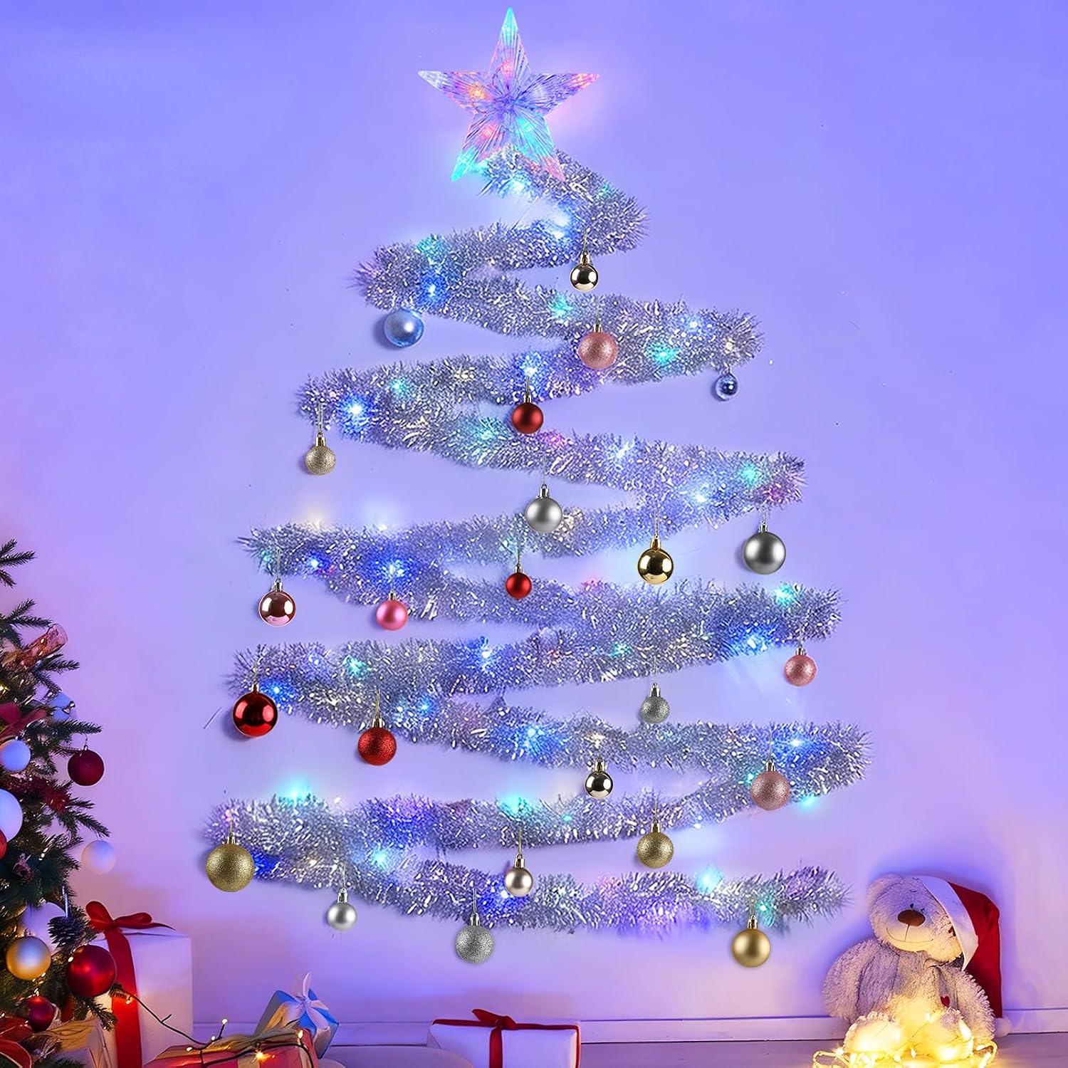 Wall Christmas Tree Decoration with Lights Artificial DIY Wall Mounted Hanging Christmas Tree Silver Tinsel Garland Balls Ornaments Star Topper Xmas Decor Set for Home Indoor Holiday Supplies
