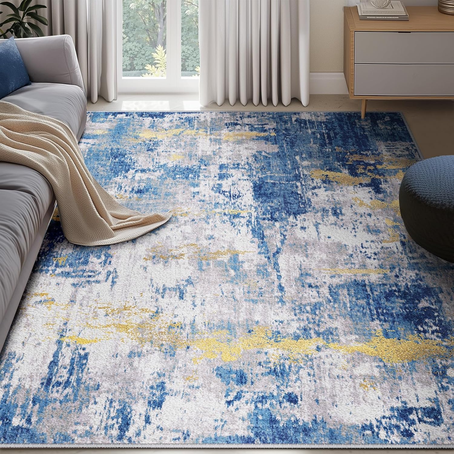 Tapis salon 80x120cm bleu abstrait lavable et antidérapant pour couloir et cuisine