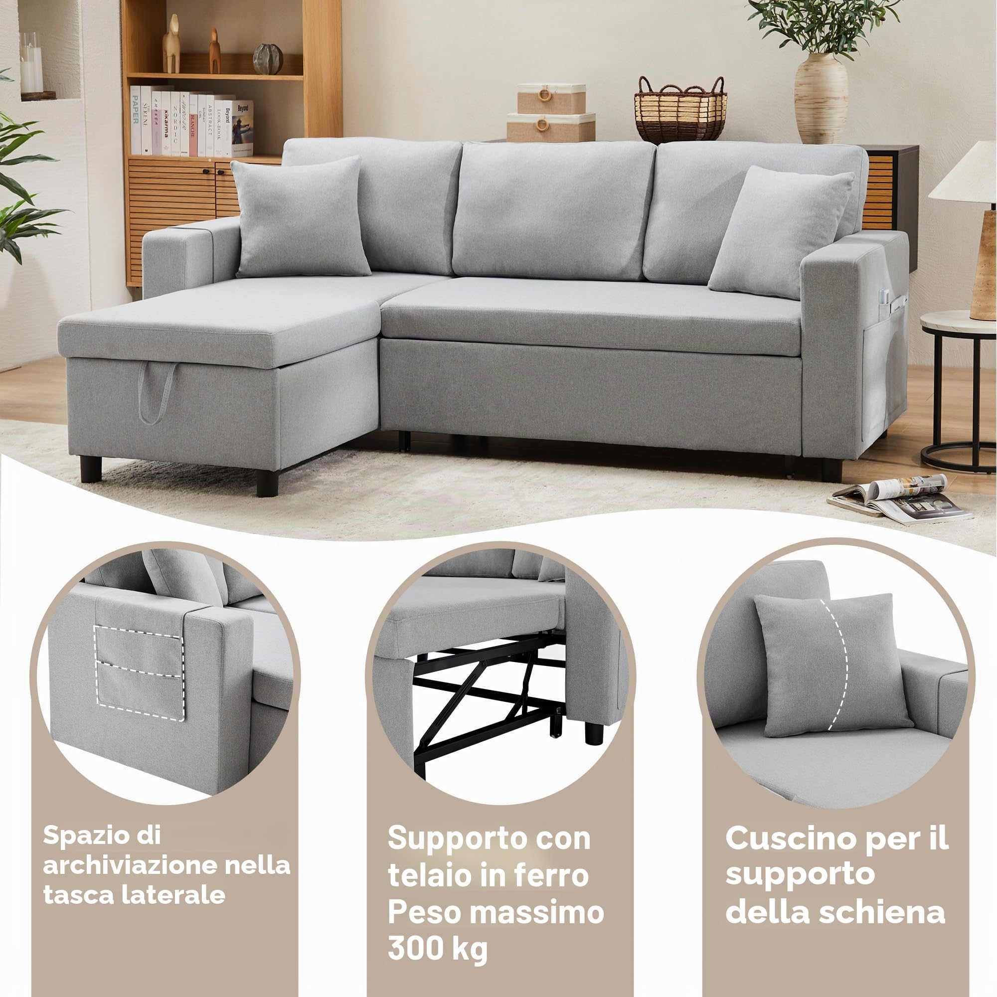 Divano Letto 3 Posti con Penisola, Divano Angolare 3 Posti Forma di L, Letto Matrimoniale con Materasso, Divan con Braccioli e Vano Portaoggetti, Sinistra e Destra Intercambiabile