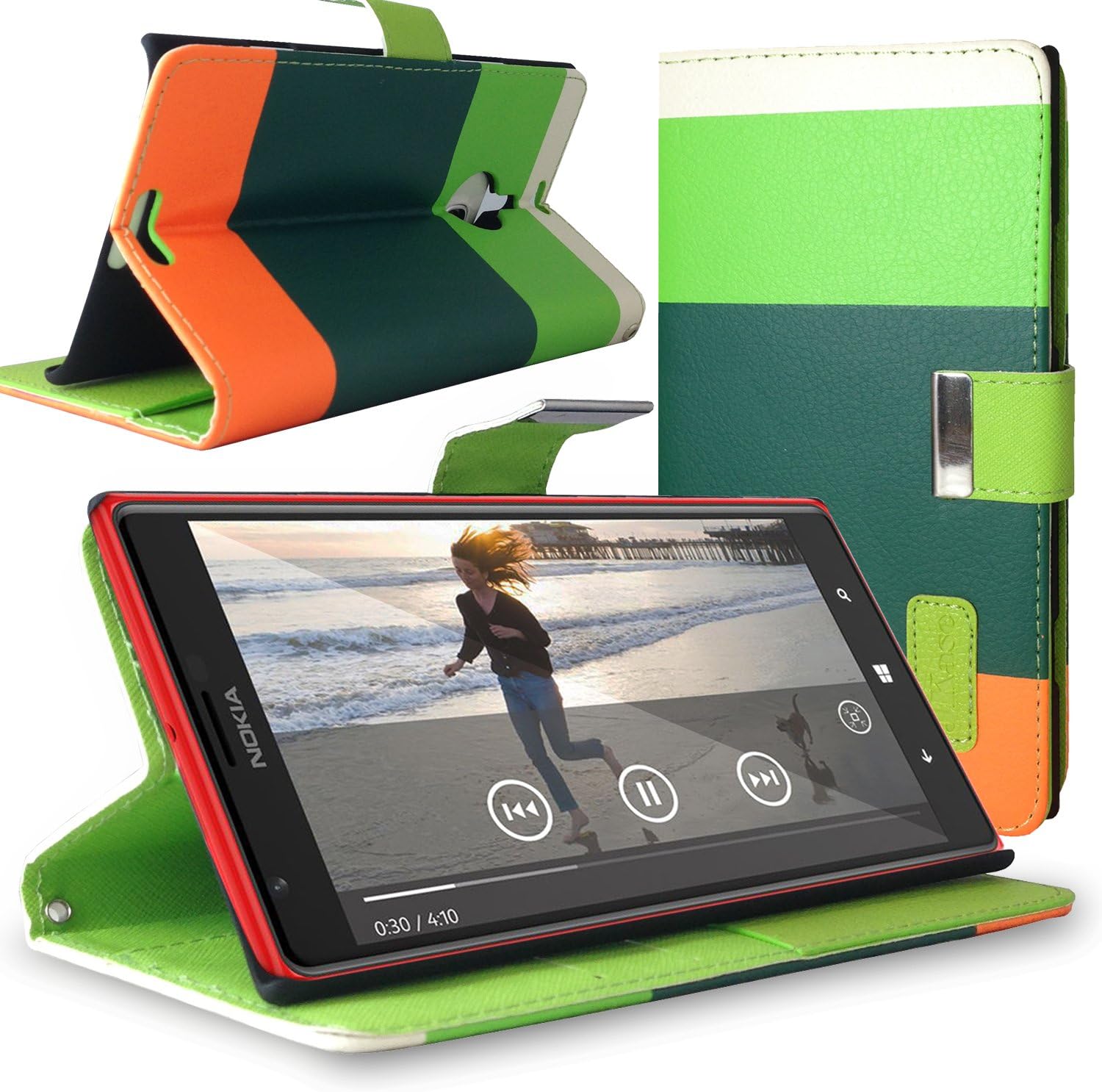 JKase(TM Color Series PU Leather Wallet Cover Case with Credit/Business Card Holder Compatible for Nokia Lumia 1520 - Retail Packaging (Green/Dark Green)