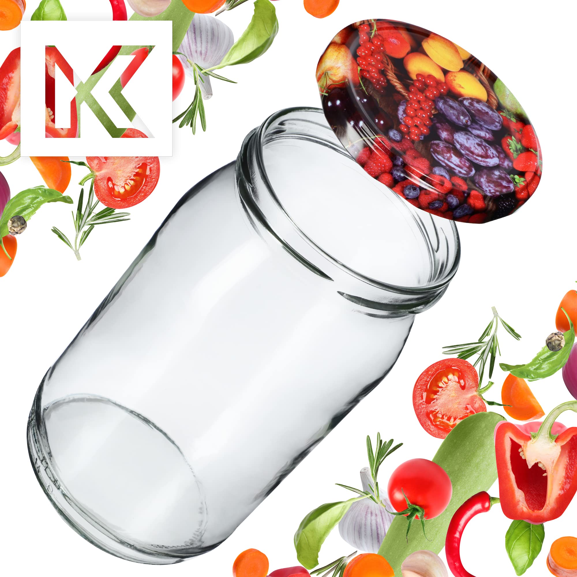 KADAX Lot de 48 grands bocaux en verre 900ml Ø82 Fruits – couvercle à vis hermétique, pour conserves, cornichons, légumes lacto-fermentés et confitures maison
