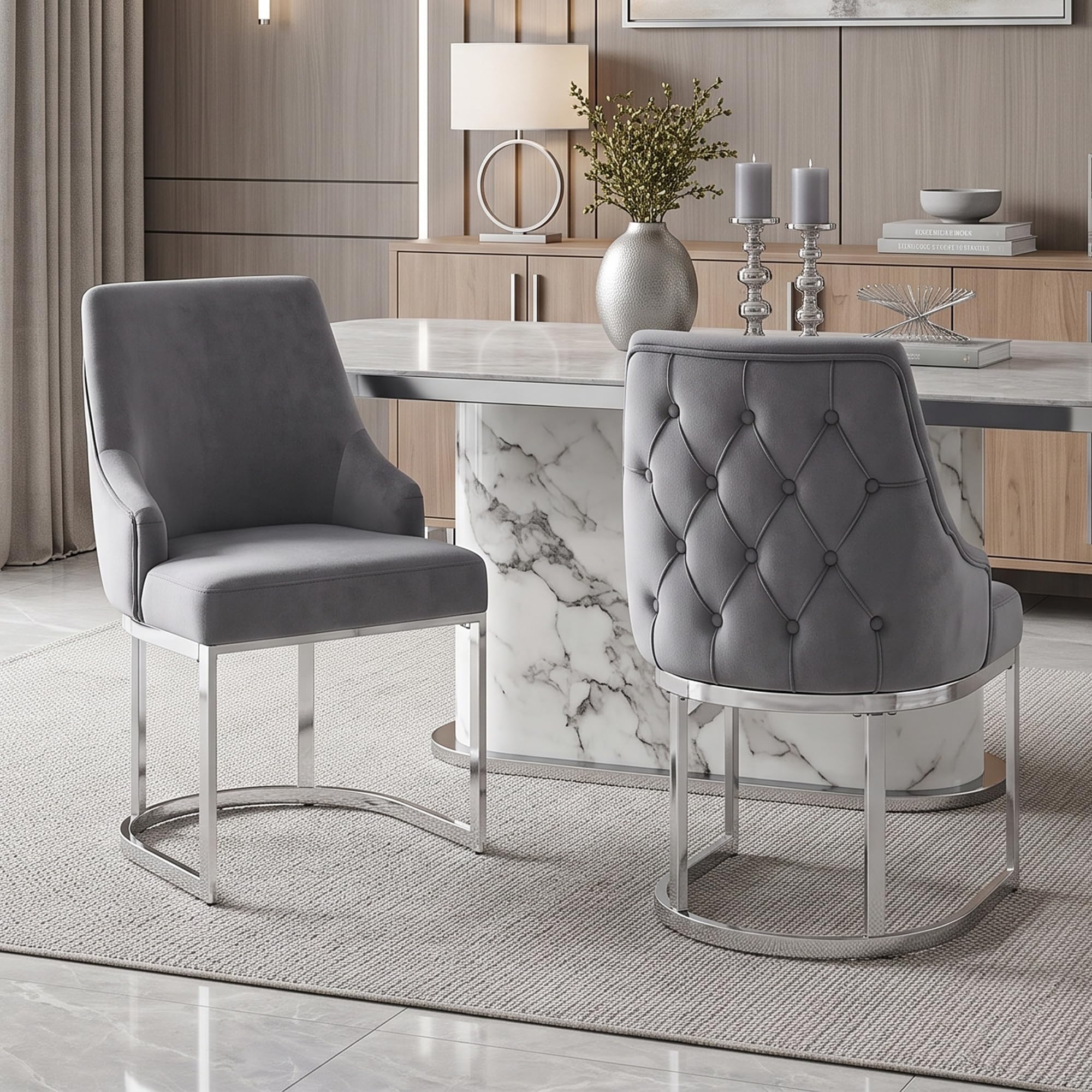 Set di 2 sedie da pranzo in velluto grigio con gambe in metallo argentato, moderne