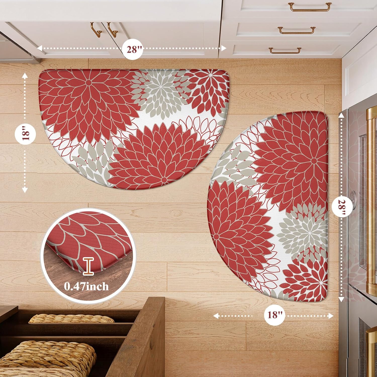 KIMODE Half Circle Kitchen Mats for Floor Cushioned Anti Fatigue,2PCS Semi Round Floral Boho Kitchen mat Non Slip,Waterproof Padded Kitchen Floor Mat Carpet Decor for Sink Laundry Bathroom,Red