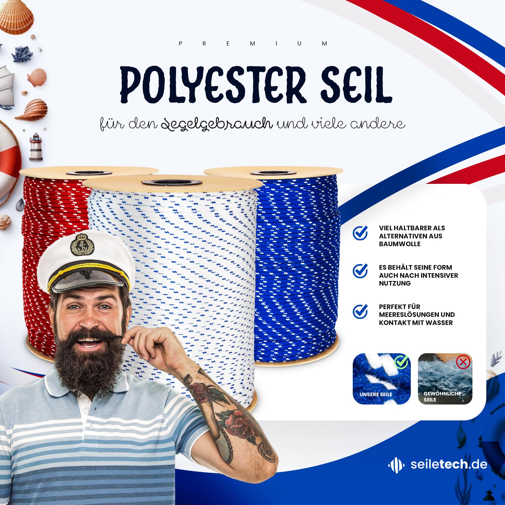 Polyesterseil – 12mm – 30m – Weiss mit blau Flecken – Schotseil – Kordel – 16-Fach geflochten – guter Griff