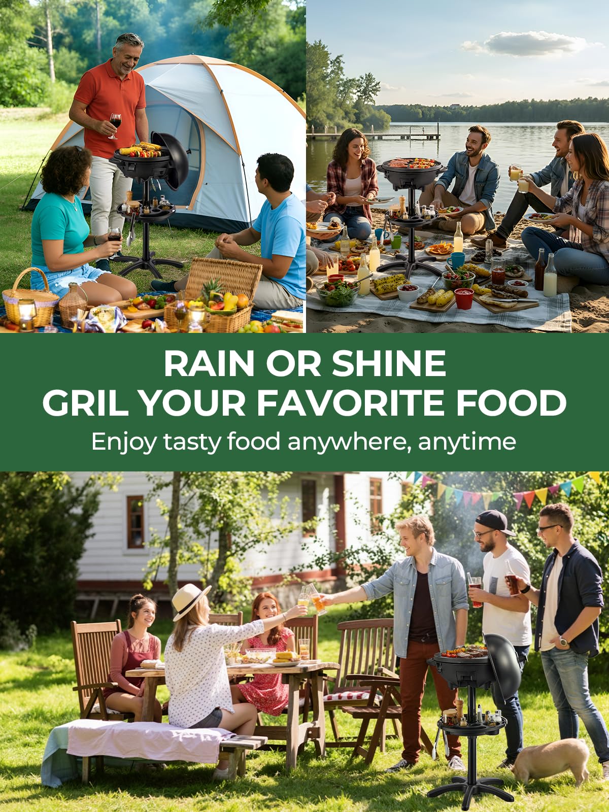 FOHERE 2400W Barbecue Électrique 2 in 1: Grill sur Pied & de Table, Température Réglable 0-300°C, 2 Zones Plaque Antiadhésive Ø41cm, Étagère à Condiments et Bac à Graisse, Noir