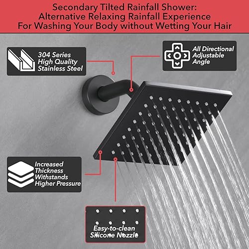 Miniatura 3 de VANFOXLE Juego de grifo de ducha, sistema de ducha de temperatura negro mate, grifo de ducha desviador de botón con cabezal de ducha LED de techo de