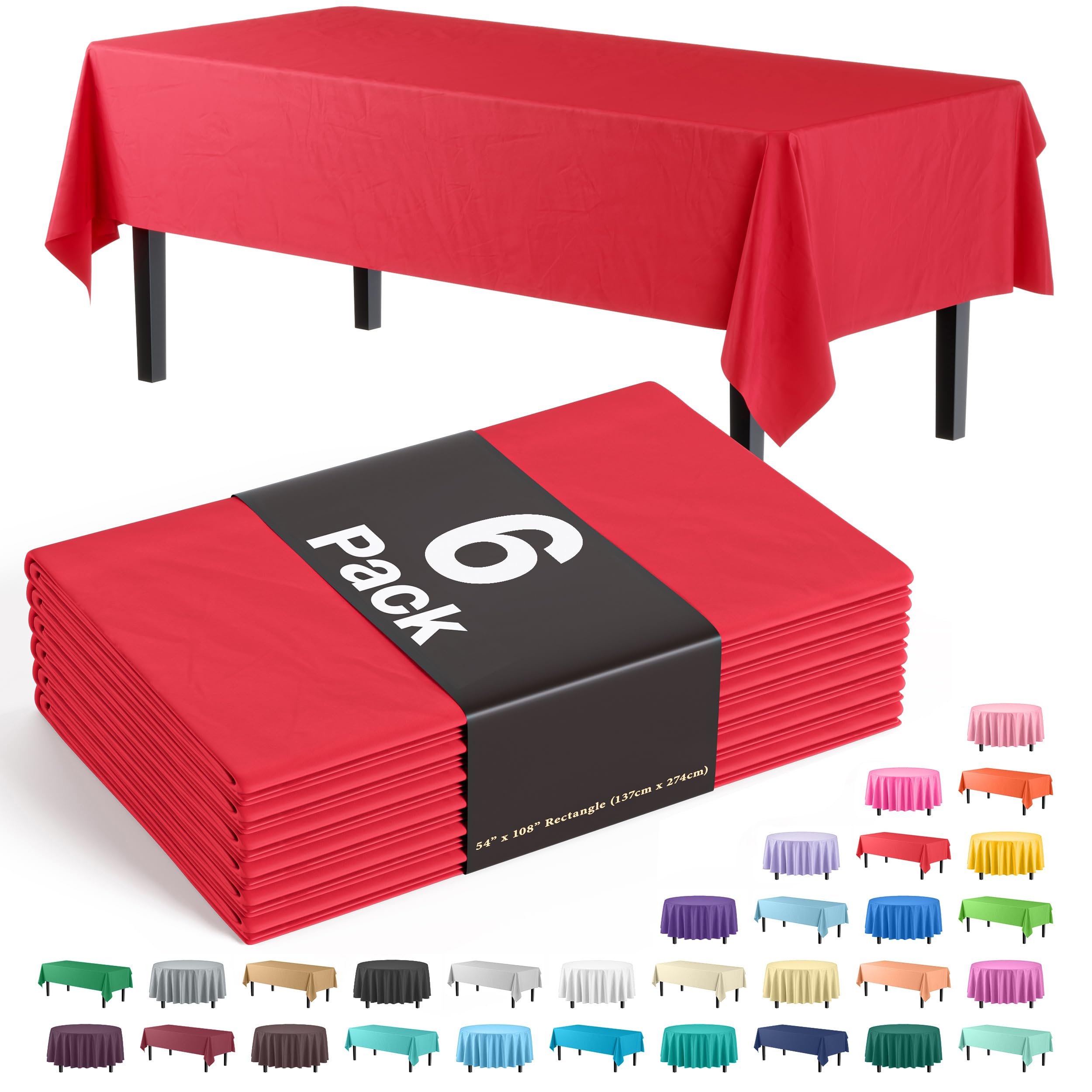 party solids pack of 6 premium plastic tablecloth 54 inch x 108 inch rectangle plastic table cover - red