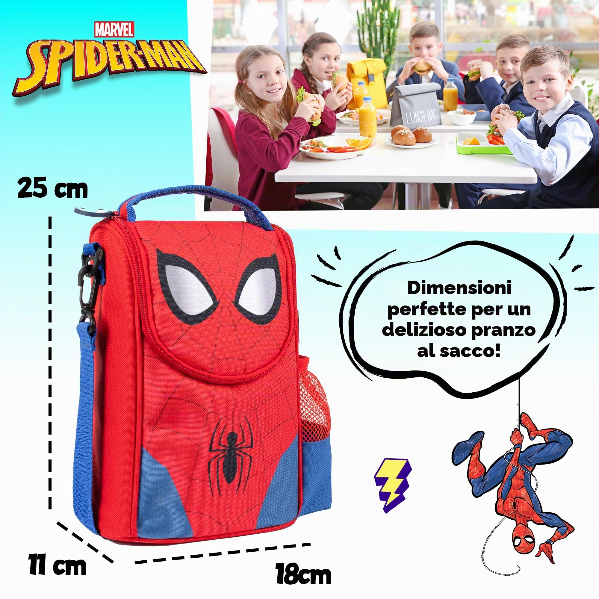 Marvel Borsa portapranzo Spiderman con tracolla e tasca laterale per bottiglia per bambini per la scuola isolata termica grande cibo Carier per ragazzi